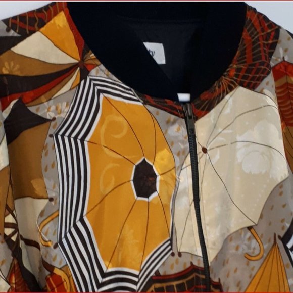 Vtg Mighty Bomber Style Jacket Designer Multicolor Umbrella Pattern Silky - Picture 3 of 5